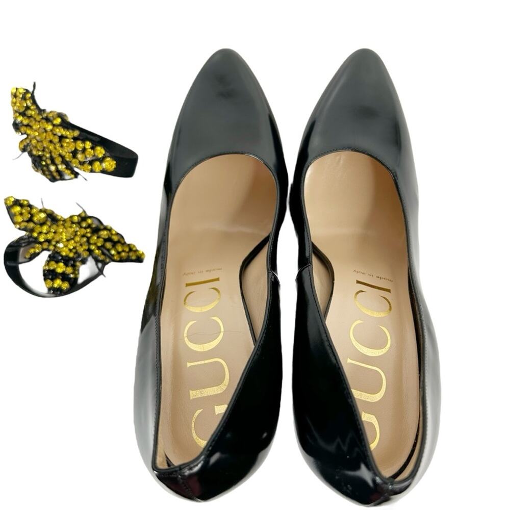 GUCCI Elaisa Polished Calfskin Crystal Bee Stiletto Pumps - Picture 9 of 15